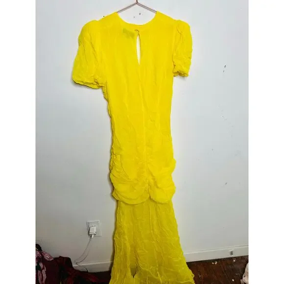 DE LA VALI Yellow Middle Front Cutout Ruching Flowy Sheer Skirt Olympia Gown 14 - Picture 4 of 16
